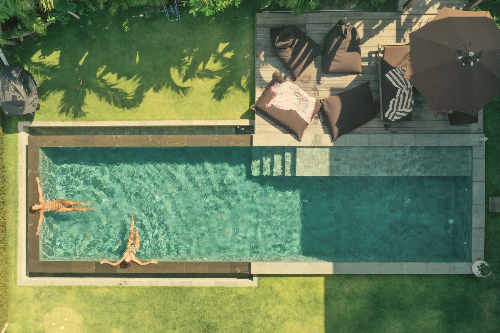 Overhead view of the pool and sun deck